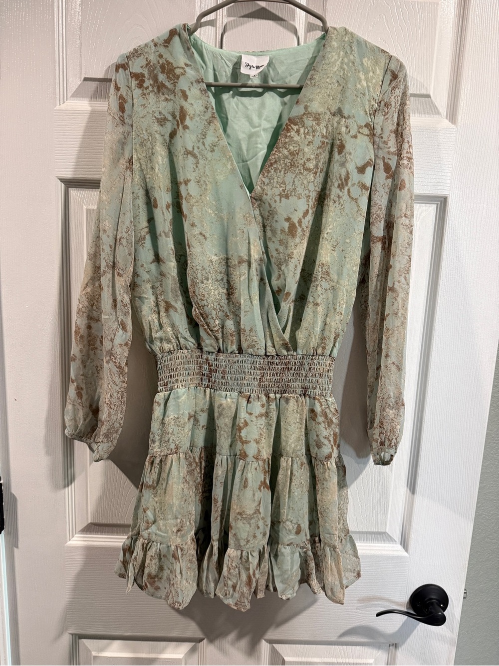Sky to Moon Sage Green Boho Mini Dress Size Small Smocked Waist Ruffle